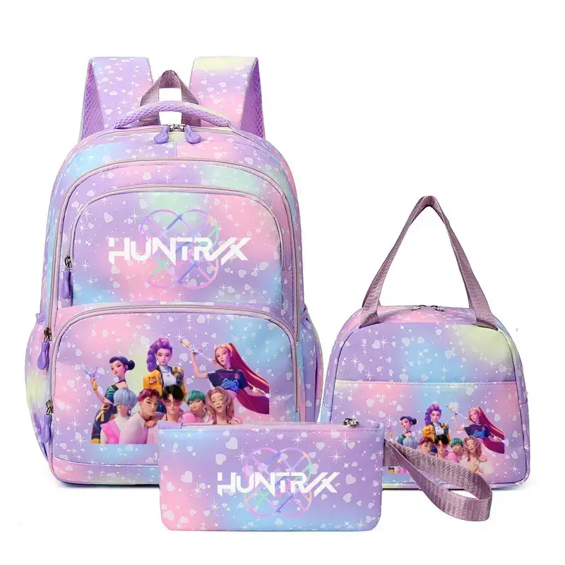 3Pcs Pink Rainbow Heart Star HUNTRX KPOP Cartoon Print Backpack Set for Girls Teens Kids, Large Capacity Lightweight Water Resistant Student School Backpack, Casual Daypack with Insulated Thermal Lunch Bag & Matching Pencil Pouch for Campus Travel Concert