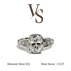 [Venus Jewelry] Synthetic Moissanite 3 CCT Taylor Cushion Vintage Design VVS 1 D Color Solid Silver 925 Solitare Ring
