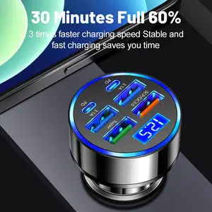 6 in 1 USB C Car Charger Adaptor with Voltage Monitoring Function for iPhone, Samsung, Vivo, Oppo, OnePlus Mobile Phone Fast Charging usb-c fast