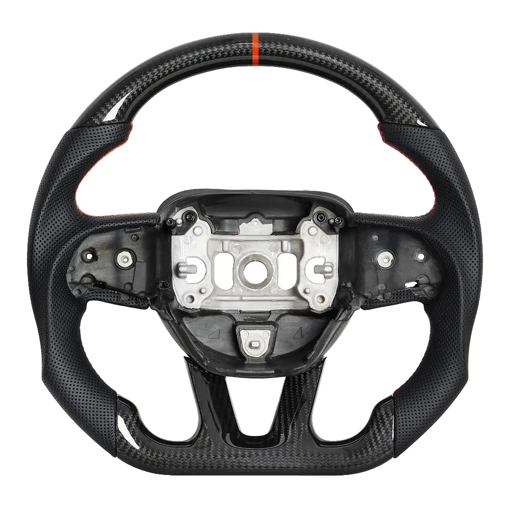 Carbon Fiber D-Type Flat Bottom Steering Wheel for 2015-2026 Dodge Challenger & Charger, Automotive Racing Design Part with Red Thumb Grips, New Condition Car Interior Decor Automotive Accessory for Vehicle Upgrades, Auto Accessories