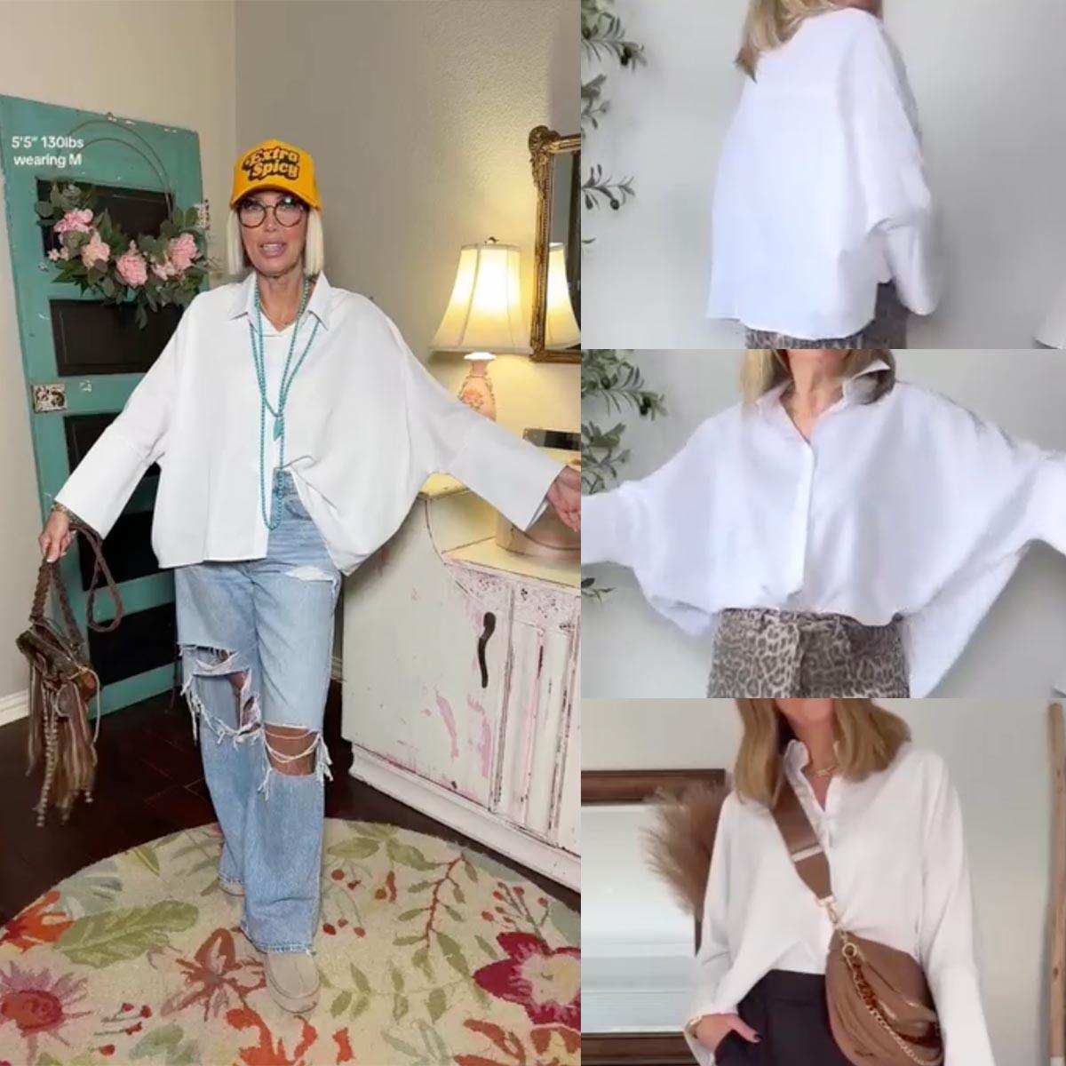 UOOZEE Women's  Loose Oversized Fit Multi-Colored Lapel Shirt Tops for all seasons loose and simple Polyester oversized versatile commuting suitable for a variety of occasions Collared Longsleeves cute fall outfits going tops office outfits  Chic  Casual