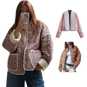 Women's slim down jacket, quilted jacket, retro flower print front open lightweight short jacket, outdoor casual spring fashion jacket, long sleeved winter fashion cute red cardiganRAIMENTRY