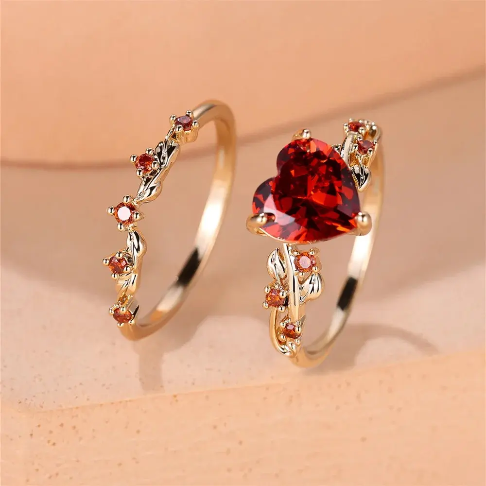 Women's Rose Gold Heart Motif Ring Sets - Royal Blue, Green, Black, Red Stone, White Zircon Accents, Bridal Wear Bands, Mother's Day Costume Jewelry