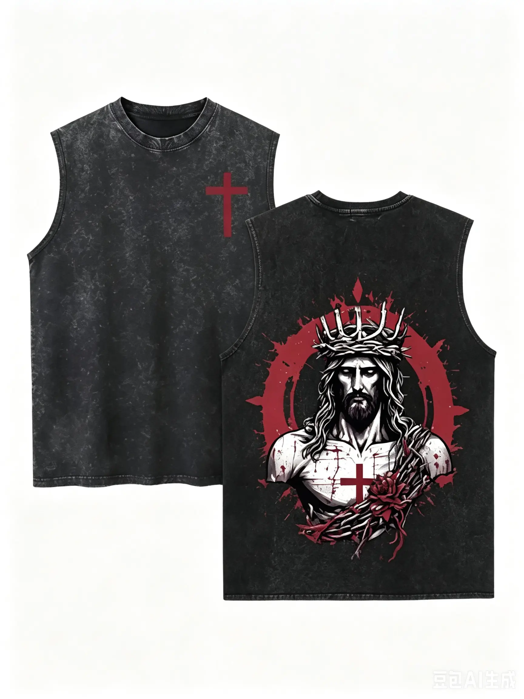 Men's Vintage Acid-Washed Black Cotton Fabric Sleeveless Tank Top - Minimalist Christian Gothic Streetwear Fashion Vest with Small Red Cross Chest Print, Crown of Thorns Jesus & Red Rose Blood Splash Full Back Print, Flannel