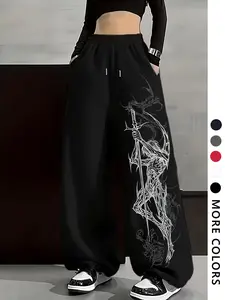 Y2K Vintage Punk Print Women’s Straight Leg Pants, Loose Fit for All Seasons, Stylish Streetwear for Casual Lounge Pants