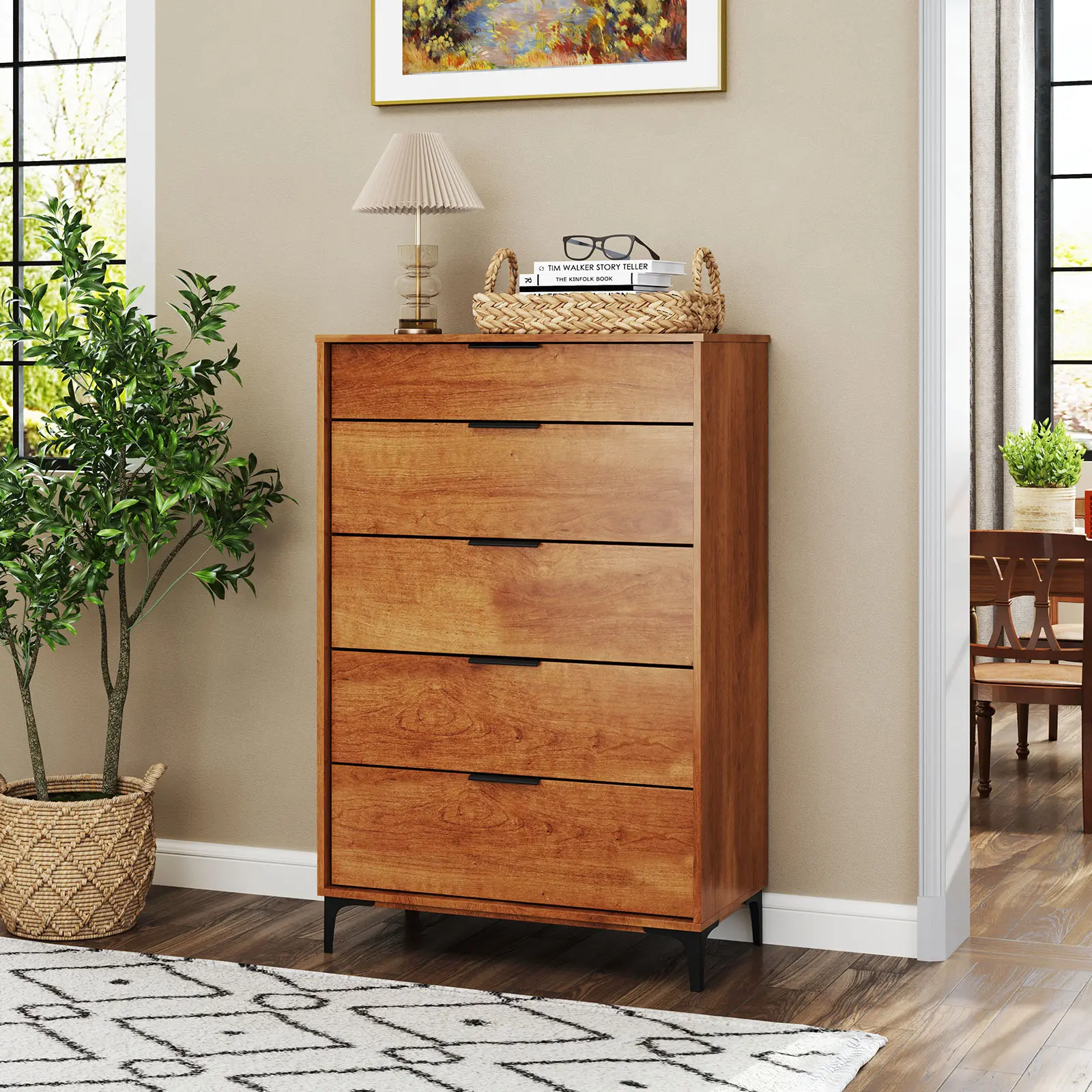COSTWAY - 5-Drawer Dresser with Interlock System for Bedroom Living Room-Cherry