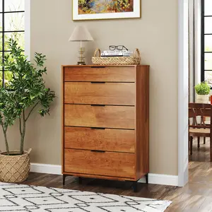 COSTWAY - 5-Drawer Dresser with Interlock System for Bedroom Living Room-Cherry