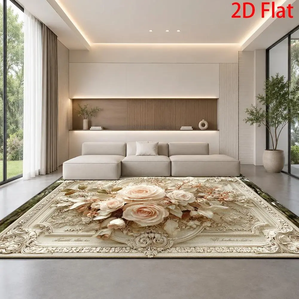 Polypropylene 2D Flat Elegant Floral Baroque Vintage Rose Embossed Area Rug - Durable, Soft, Machine-Washable, Extra Large, Non-Slip Indoor Rug for Living Rooms, Modern Household Textile Decor