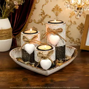 White Wooden Candle Holder Set with Heart Shaped Tray And Tea Light Holders Rustic Farmhouse Candleholders with Macrame Knots And Decorative Stones Complete Candle Stand Set for Christmas Valentines Day Home Decoration