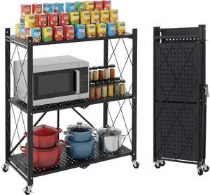 3 Tier Foldable Storage Shelves with Wheels, Metal Collapsible Organization Storage Rack, No Assembly Folding Bookshelf, Rolling Storage Rack for Kitchen, Bedroom, Pantry, Garage, Display, Black