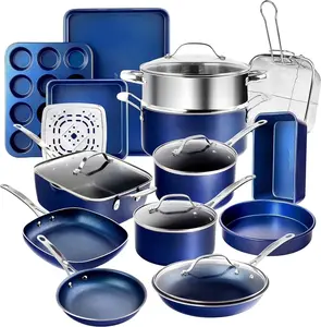20Pcs Ceramic Cookware Set Nonstick, Complete Pots and Pans Set Non Stick with 5 Pc Bakeware Set, Deep Frying Pan Set, & Steamer, Non Toxic, Oven & Dishwasher Safe, Blue