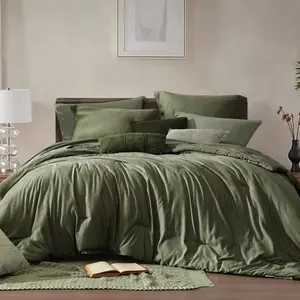 【Father‘s Day Gift】Monbix Queen Comforter Set - 7 Pieces Cationic Dyeing Olive Green Bed in a Bag Comforter Sets with Double Sided Storage Pockets, Sheets, Pillowcases & Shams, microfiber,Reversible Bedding Comforters Sets