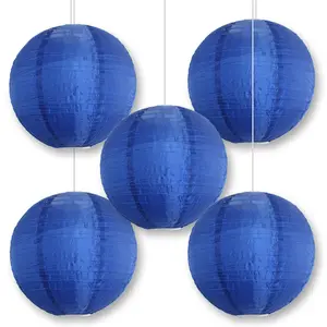 5 PACK | 14 Inch Navy Blue Shimmering Nylon Lantern, Parallel Ribbing, Durable, Hanging Decoration