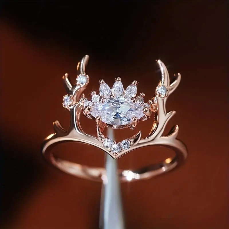 Couple's Engagement Rings, Handcrafted Antler Motif Copper Bands with Zirconia, Elegant Anniversary Gift for Female