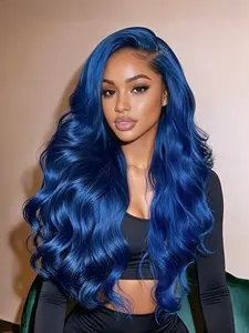 28" Wavy Neon Electric Blue Lace Front Wig 13x4 HD Lace Synthetic Hair Pre-Plucked Natural Hairline Heat Resistant Free Part Party & Festival Synthetic Lace Wigs