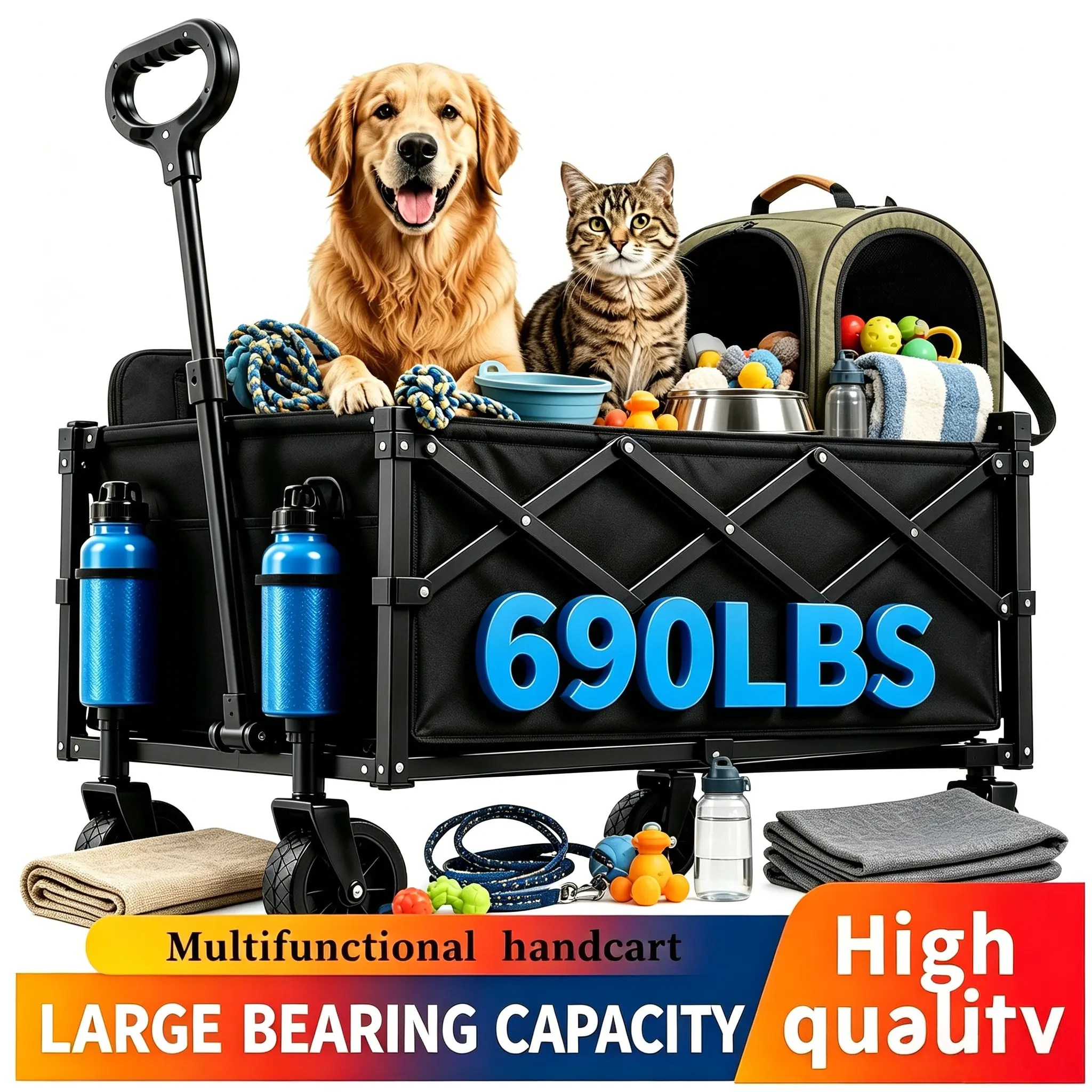 The collapsible folding cart features all terrain 360° swivel wheels for easy steering, which is very convenient for beach play, shopping, camping and fishing