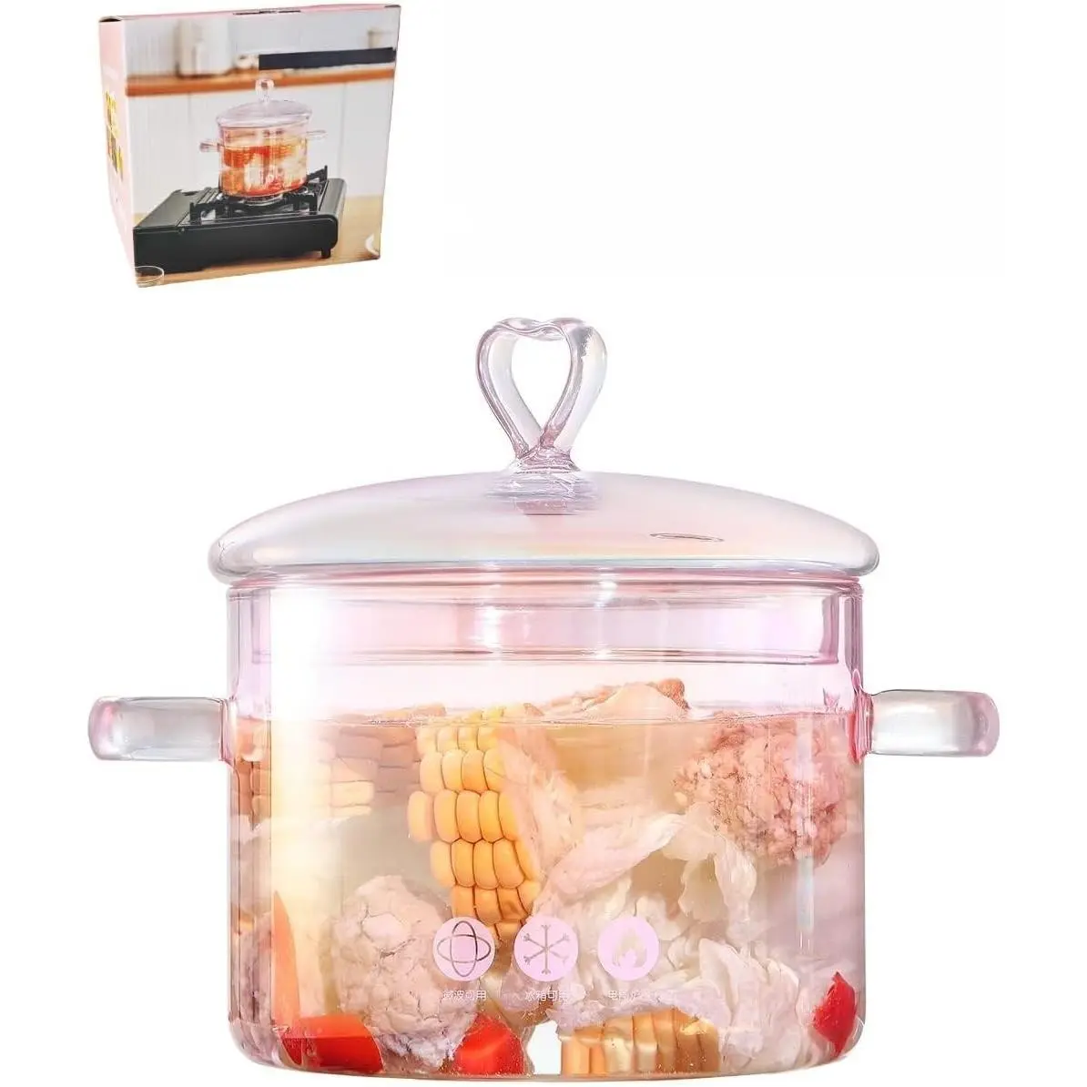 1.5L Pink Glass Potpourri Pot, 1500ml (51oz), Glass Cooking Pot, Heart-shaped Lid, Easy to Clean, Heat Resistant, Safe for Oven, Gas, Electric Stoves, and Dishwashers.for Potpourri, Pasta, and Soups.
