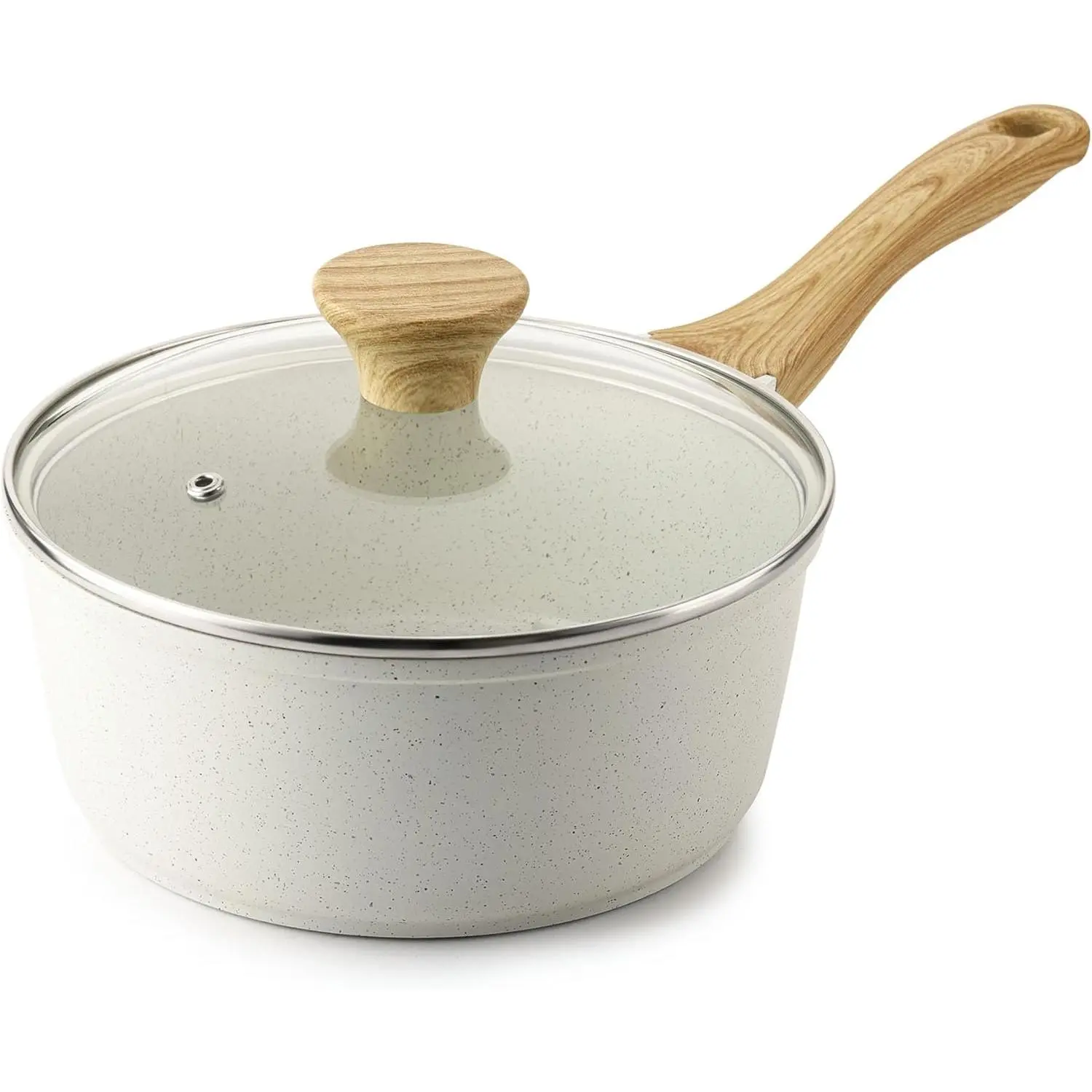 White Ceramic Nonstick Saucepan with Lid 2.5 Quarts, Medium Cooking Pot with Stay Cool Handle, Induction Compatible Saucepot, White Granite Coating, PFOA/ Free