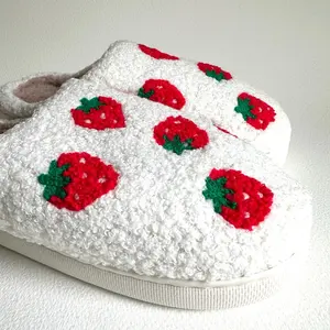 Strawberry Plush Slippers, Indoor Footwear Walking Shoes, Women Soft Faux Fur Comfort Slip On Shoe, Rubber Sole Girl Flipflop