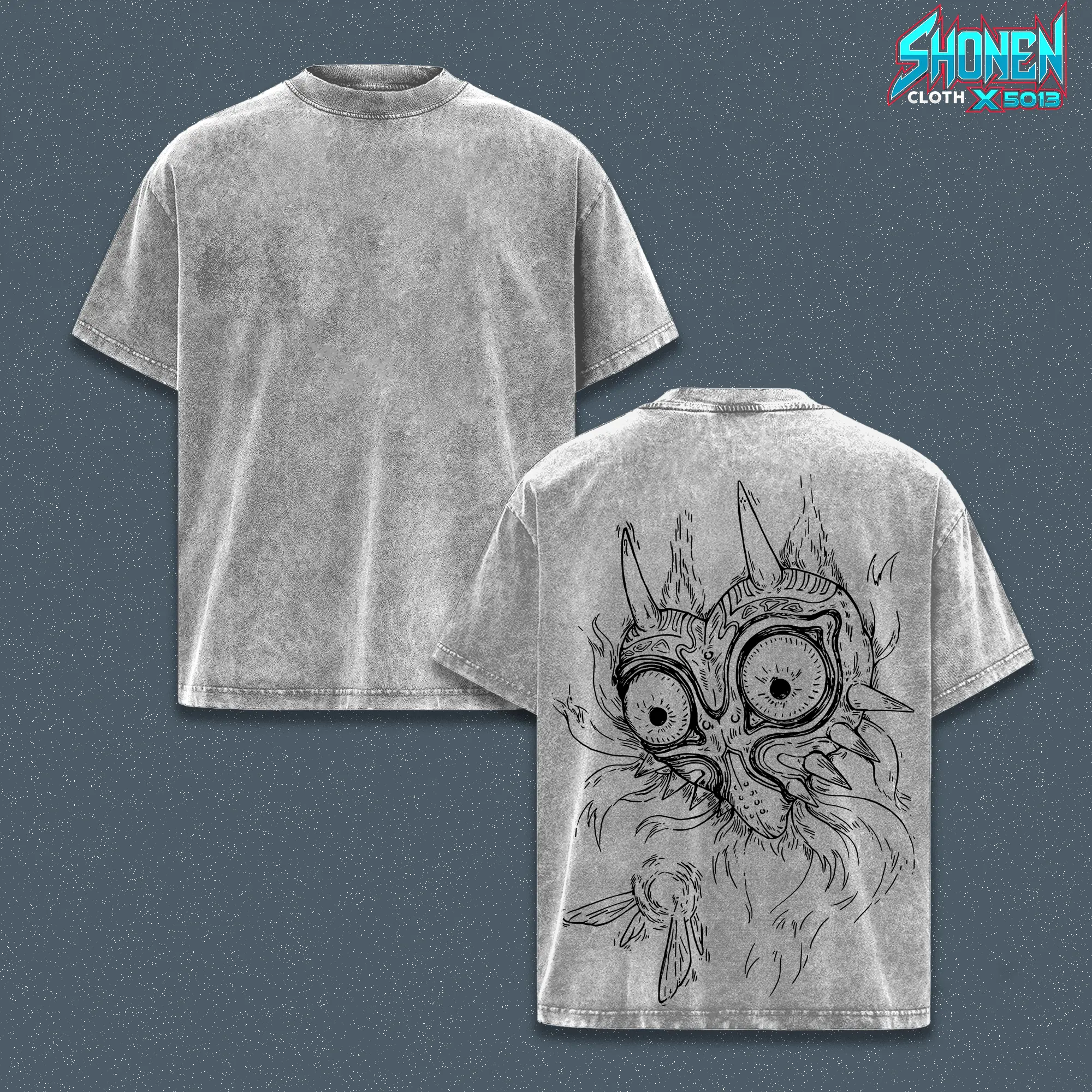 Zelda Majora's Mask Vintage Wash Heavyweight Blank, N64 Retro Gaming Graphic Boxy Fit Top, Smoked Charcoal Streetwear Aesthetic, Japanese Video Game Fan Merch