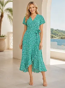 Women’s floral wrap long dress — elegant V-neck, flutter sleeves, ruffled mid-length design; perfect for summer beach vacations with a bohemian, flowy style