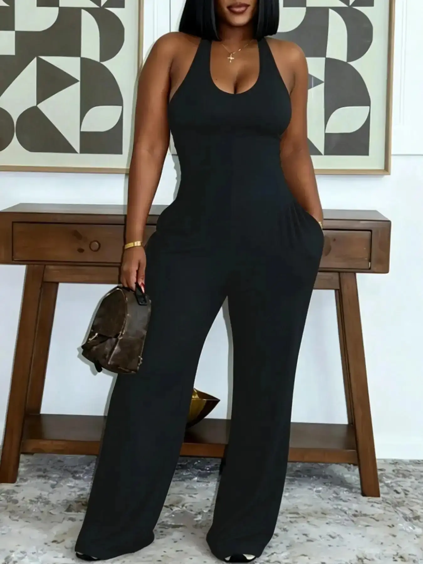Casual Chic Plain Slim Fit Halter Backless Pockets Jumpsuit for Spring, Womenswear brunch outfit date night put together statement piece must have minimalist essentials weekend wear