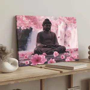 Buddha Statue Amidst Cherry Blossoms and Waterfall Pattern Canvas Painting with Frame, Modern Art Decoration, Living Room Bedroom Decoration, Religious