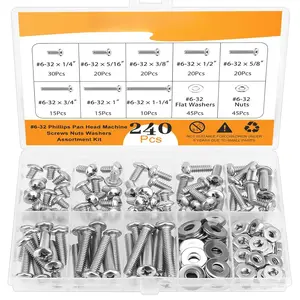 240 count #6-32x 1/4", 5/16", 3/8", 1/2", 5/8", 3/4", 1", 1-1/4",Phillips Pan  Machine Screws Nuts Washers Assortment Kit, 304 Stainless Steel, Fully Thread for Wall Plate /Outlets