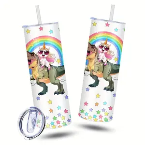 1pc 20oz stainless steel water cup straight tube cup, unicorn riding dinosaur pattern, leak-proof portable drinking cup, suitable for cars, homes, offices, ideal water cup, gift for family members, coffee cup, water cup