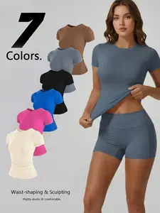 Women's Solid Color Round Neck Sports Tee, Stretch Athletic Tee, Workout Activewear, Casual Comfy Breathable Short Sleeve T-shirt for Yoga Gym Workout, Ladies Sportswear for All Seasons