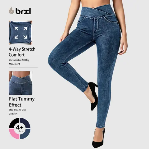 BRXL Women's High-Waisted Crossover Jeggings, Stretchy Denim Pants with Back Pockets, V-Cross Waist for Tummy Control & Flawless Fit, Stylish Women's Wear Sports Bottoms #sohochi #backtoschool