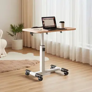 Adjustable Overbed Laptop Desk - Tilting Height-Adjustable Workstation with Wheels for Bed, Couch, Home Office & Hospital, Portable Collapsible Rolling Stand, Wood