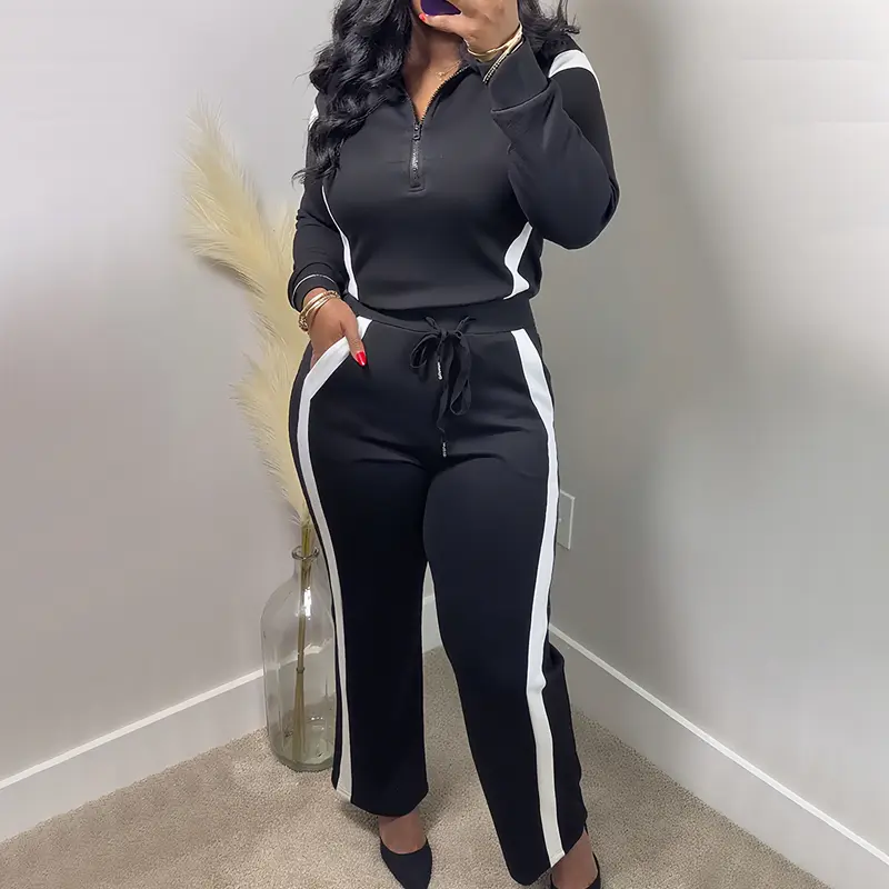 CHICME 2 Pieces Outfit Half Zip Long Sleeve Top and Drawstring Elastic Waist Pants Set Casual Contrast Paneled Side Set Matching Womenswear