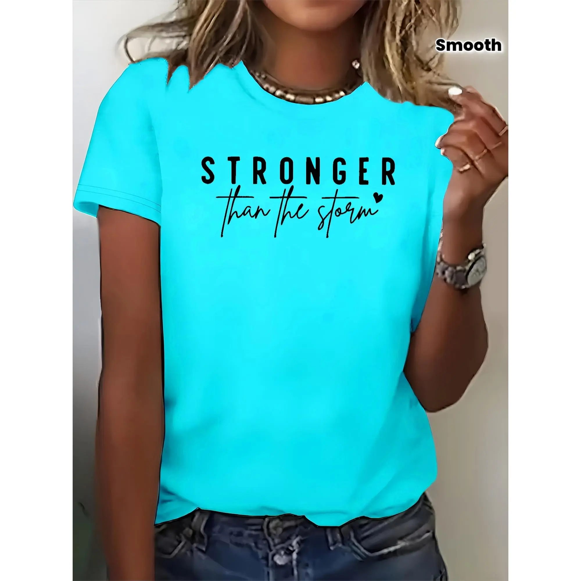 [Women's Graphic T-Shirt] Women's "STRONGER Than The Storm" Graphic T-Shirt - Turquoise Bold Text Design, Elegant Round Neck Short Sleeve, Breathable Polyester, Machine Washable Spring/Summer Casual Top, Ladies T Shirts, Summer Outfit, Smooth Texture