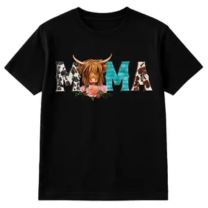 Highland Cow Mama Shirt Floral Cow Mom Tee 100% Cotton Classic Fit Crew Neck Short Sleeves Casual Wear