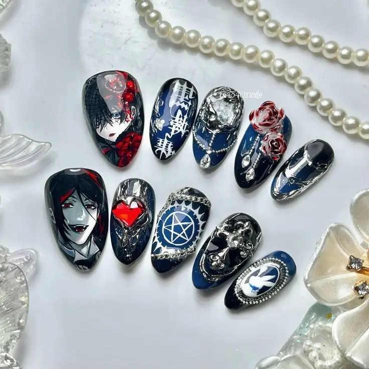 Anime Gothic Press On Nails | Black-k B-Butler Inspired 3D Nail Set | Sebastian & Ciel Handmade Nail Ar for Beaches, Summer, Holiday, Vacation, Birthday