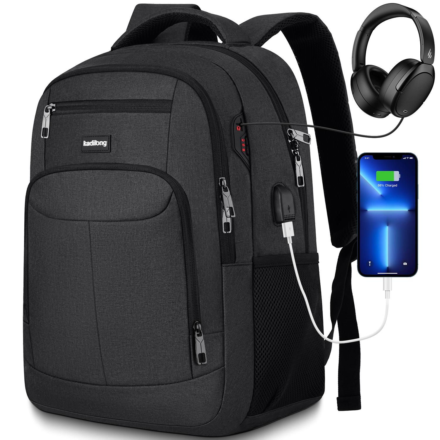 kadilong  Backpack with USB & Headphone Jack | Water Resistant Anti-theft Travel Backpack with Luggage Strap  Large Capacity Business Laptop Backpack for Men | Breathable Work Backpack with Multiple Pockets & Fully Padded Laptop Sleeve