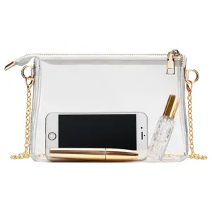 Stadium Approved Clear Purse for Women Small Crossbody Bag with Zipper Transparent PVC Concert Sports Bag Adjustable Gold Chain
