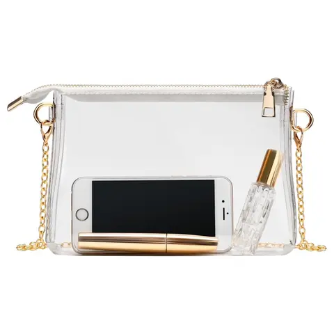 Stadium Approved Clear Purse for Women Small Crossbody Bag with Zipper Transparent PVC Concert Sports Bag Adjustable Gold Chain