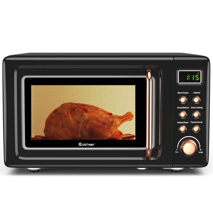 COSTWAY Retro Microwave 700W, 0.7 Cu.ft Vintage Microwave with 5 Powers Levels, Auto Cooking & Defrost, Stainless Steel Interior, Delayed Start, Child Lock, Small Microwaves for Kitchen, Office, Dorm