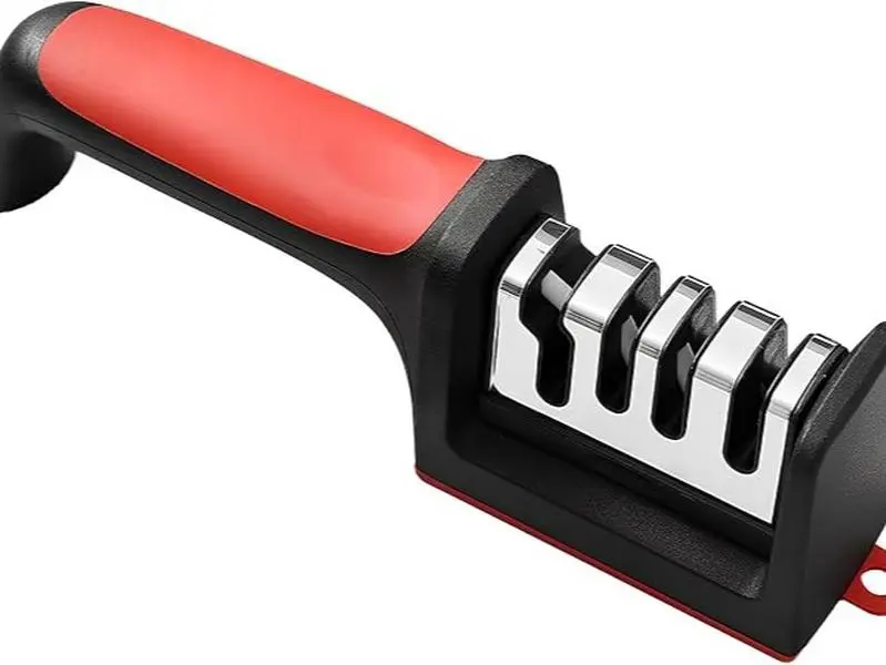4-in-1 Kitchen Knife Sharpener, Professional Grade with Tungsten Steel, Ceramic Slots, Scissor Sharpening, Black, Red, Removable Grinding Head (red)