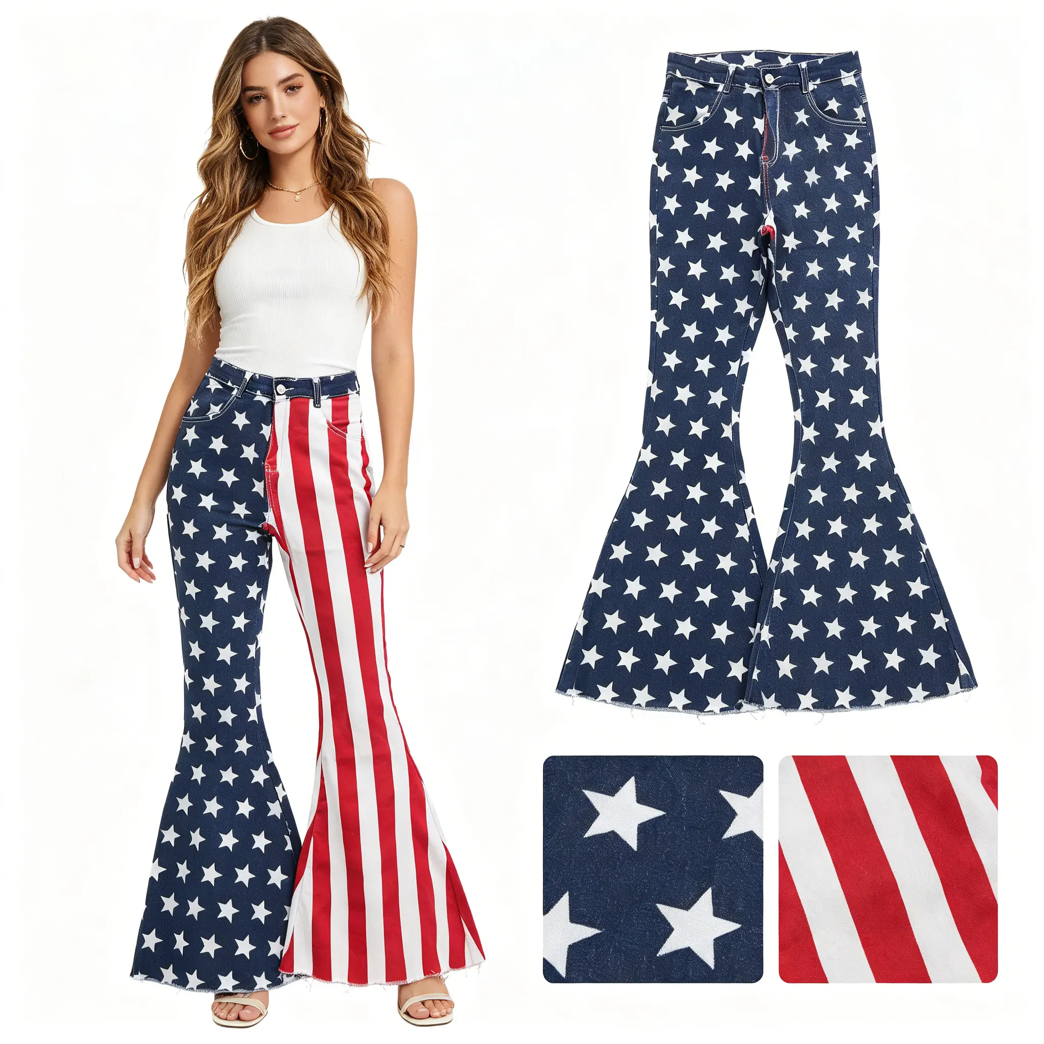 High Waisted Jeans for Women & Girls, Patriotic Star Stripes Bell Bottom Stretch Denim for 4th of July Holiday, Jeans High Waist, Elastane, American Traditional, Cute Look, Button Detail, All Season, Stacked Flare Jeans, 3T