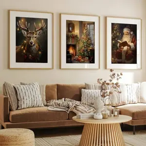 3pcs Vintage Christmas Theme Canvas Wall Art Set, Wooden Frame Santa Reindeer Tree Design, Festive Holiday Decorations for Home, Home Decor Accessory