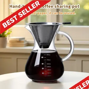 Glass Pour Over Coffee Maker with Reusable Stainless Steel Filter - High Borosilicate Heat-Resistant Carafe - Manual Drip Coffee Sharing Pot - Cold Brew & Hot Extraction System