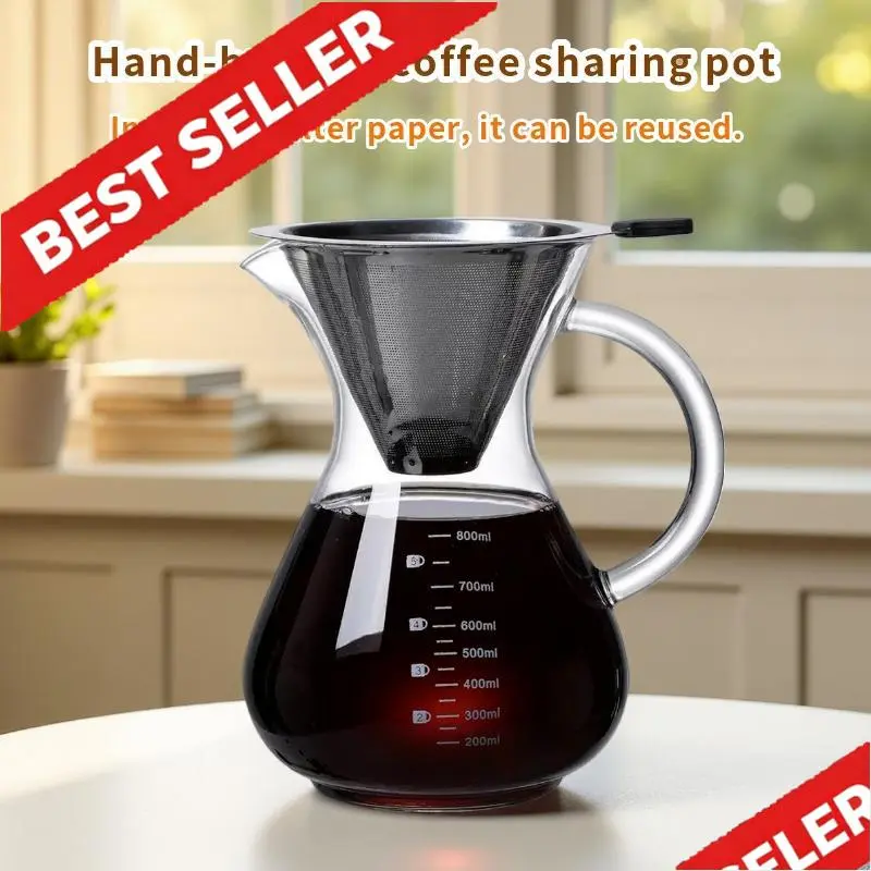 Manual Pour Over Coffee Brewer Set - High Borosilicate Heat-Resistant Glass Modern Coffee Pot with Reusable Stainless Steel Filter for Cold Brew & Hot Extraction