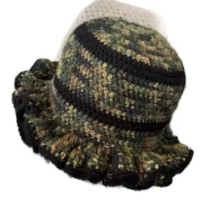Hand Crocheted Army Fatigue Ruffle Hat - Camouflage Patterned Knit Cap for Stylish Wear