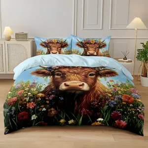 3-piece Highland Cow-themed quilt set (1 quilt cover +2 pillowcases, no core) Cloth sleeping face with garland Highland Cow-plaid elements are soft and comfortable bedding, suitable for use in all rooms