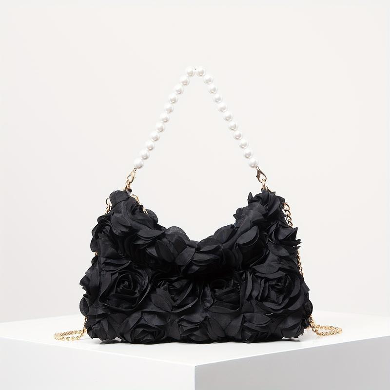 [Wedding Accessory] Elegant Rose-Embellished Crossbody Bag with Faux Pearl Accents - Sweet Pink Floral Evening Clutch, Ideal Valentine's Gift for Women, Polyester Lining, Zip Closure, Wedding Gifts