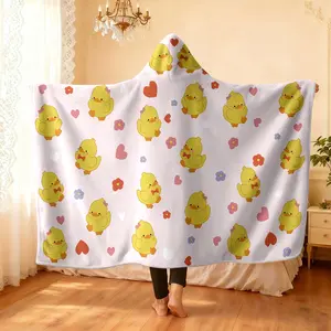 1 piece leopard print hoodie blanket soft cute little yellow duck love bow print wearable lazy hooded blanket soft and comfortable bedroom living room sofa cover blanket camping blanket Flannel Cozy Blanket