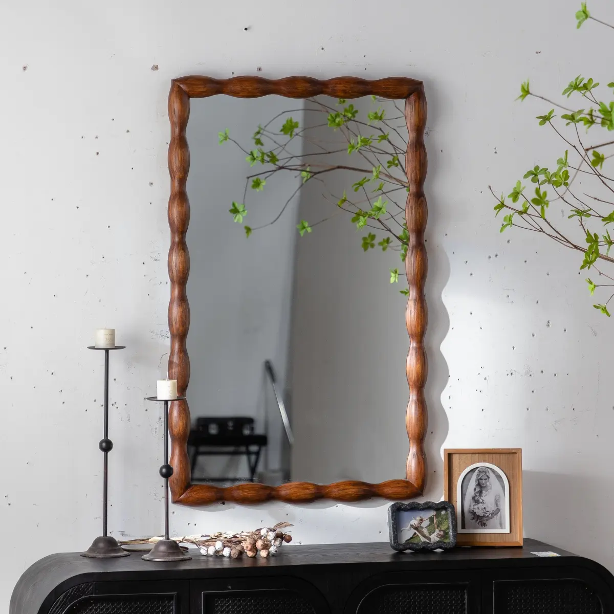 36.02" Mid-Century Modern Swirl Wood Frame Mirror - Solid Wood & MDF Wall-Mounted Full-Length Mirror, Brown Decorative Mirror for Bedroom/Living Room